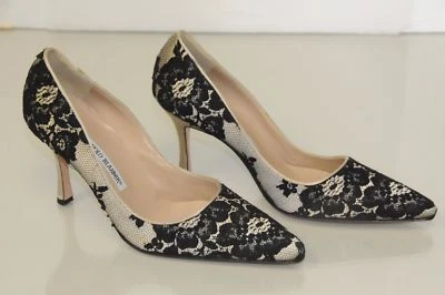 NUEVO Manolo Blahnik BB Newcio Negro Encaje Desnudo Marfil Satinado Zapatos Bombas Tacones 39 Foto 1 de 4