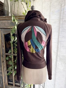 Vintage 90s Victorias Secret PINK Hoodie Brown Peace Sign Full Zip Y2K Small - Picture 1 of 9