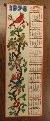 1976 Vintage Retro Felt Jeweled Sequin Calendar 7 Song Birds Red White Gold Blue Cover