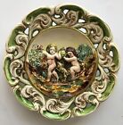 Vtg Capodimonte 6.5” Porcelain Wall Plate Italy Angels Cherubs Dog Green Gold