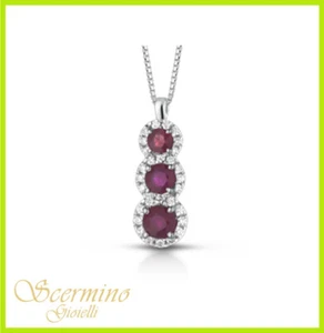 18K WHITE GOLD PENDANT: 0.95K NATURAL RUBIES & DIAMONDS CERTIFIED - Picture 1 of 4