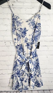 NWT Express Floral Strap Mini Casual Sundress Womens Size XS White Blue Lined - Picture 1 of 4