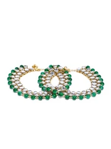 Bridal Indian Traditional Green Kundan Pearl Wedding Payal For Women (2 Anklets) - Picture 1 of 4