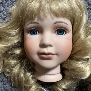 Porcelain Doll Head Parts For 16” Doll Repair Blue Eyes Blonde Wig Eyelashes VTG - Picture 1 of 9