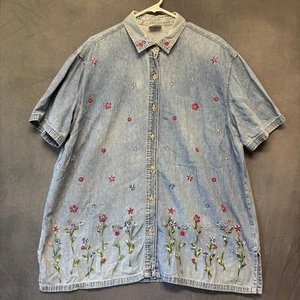 Vintage Bobbie Brooks Denim Shirt Floral Embroidered 2XL Button Up Cottagecore - Picture 1 of 12