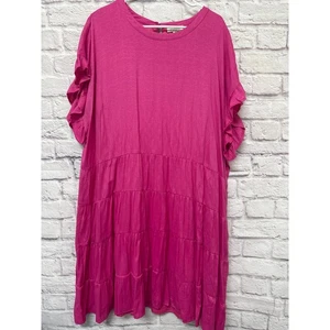 Andre By Unit Bright Pink Ruffled Short Sleeve Tiered Midi Peasant Dress SZ 2X - Picture 1 of 4