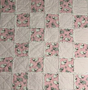 HANDMADE 30” X 30”GIRL RAG QUILT - cute sheep In pink and gray - Picture 1 of 2