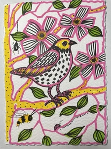 Pamela Wilhelm Original 5x7 Tusche & Pigment skurrile Blumen- & Vogelmotive OOAK - Bild 1 von 2