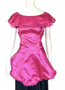 1950s Harry Kaiser hot pink satin peplum blouse 50s bow shawl collar top S/M - Picture 1 of 17