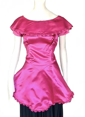 1950s Harry Kaiser hot pink satin peplum blouse 50s bow shawl collar top S/M - Image 1 of 4