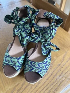 Womens Ugg Espadrilles High Heel Wedge Sandals Ankle Tie UK 6 Brown Blue Green - Picture 1 of 4
