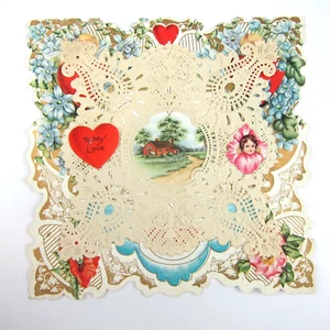 Antique Valentine Die cut Farm House Trees Flowers Gold Embossed Boy Girl Canoe - Picture 1 of 12