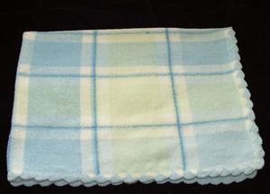 First Impressions Blue Green White Plaid Chenille Baby Blanket Scallop Edge Trim - Picture 1 of 3