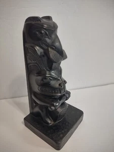 Native Indian Totem Pole Statue Raven & Beaver Boma Canada Northwest Black Resin - Picture 1 of 12