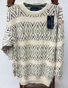 John Weitz Hand Framed Crew Neck Sweater Sz L White Blue Abstract USA Cotton NWT - Picture 1 of 7