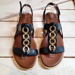Naturalizer Comfort Harrison 7.5 M Black Leather Gold Chain Shoes Sandals Flats - Picture 1 of 12