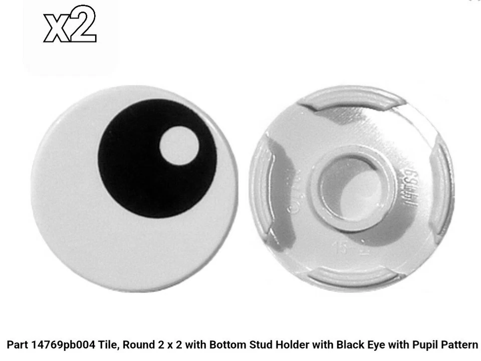 LEGO Parts WHITE 14769pb004 (x2) Tile Round 2 Eye Pattern Stud Holder