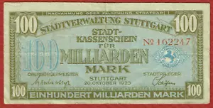 STADTVERWALTUNG STUTTGART 20. 10. 1923 100 MILLIARDEN (100.000.000,000) MK Sehr schön - Bild 1 von 2
