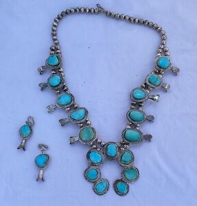 Vintage Navajo Silver Turquoise Earring & Necklace Set