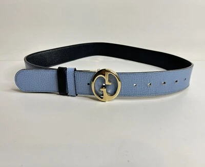 Cinturón Gucci GG Enclavamiento Reversible Azul Negro Cuero Dorado Hebilla Foto 1 de 4