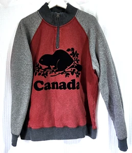 Roots Canada 1/4 Zip Sweater XL Pockets Beaver Logo Two Toned Burgundy Grey - Picture 1 of 14