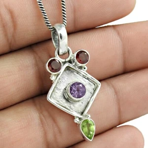 925 Sterling Silver Round Garnet Amethyst Daughter Art Deco Bezel Trendy Pendant - Picture 1 of 4