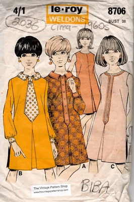 1960s Vintage Sewing Pattern B38in DRESS & TIE (2036)  Le Roy Weldons 8706 BIBA - Image 1 of 3