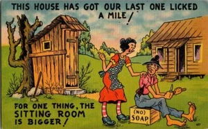 Vintage Hillbilly Humor Plumpsklo Kunst Postkarte Frau Ehemann Schnitzhütte - Bild 1 von 1