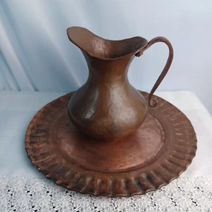 Vtg Hammered Copper Plate And Pitcher Set MCM - Picture 1 of 17