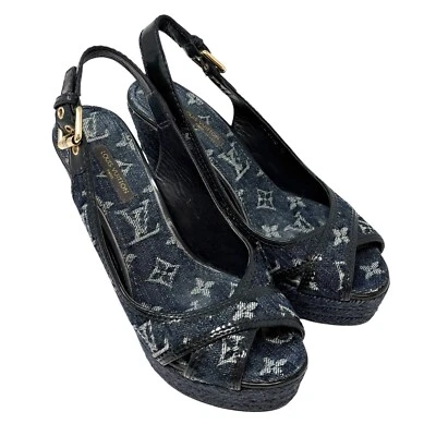 LOUIS VUITTON Vintage LV Monogram Logo Denim Sandals #36 Wedge Sole Blue Gold - Image 1 of 4