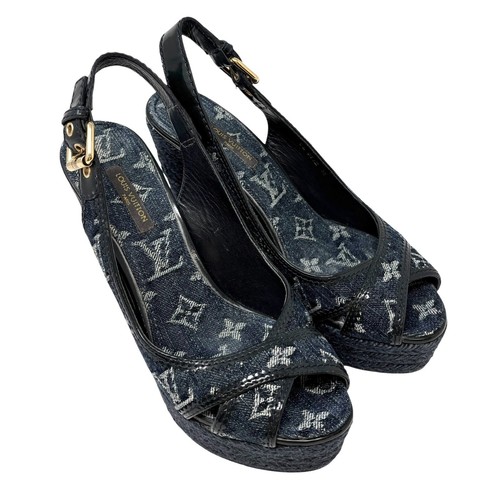 LOUIS VUITTON TRAINER Sandali denim LOUIS VUITTON vintage LV monogramma logo #36 suola zeppa blu oro