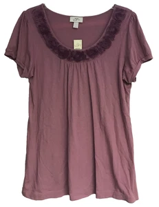 Ann Tylor LOFT T-Shirt Womens Large Purple Rosette Pleated Scoop-Neck NWT FLAW - Picture 1 of 11