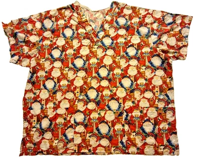 Christmas Santa Scrub Shirt Red Holiday Print 2XL XXL Pockets Medical Work Wear - Image 1 of 4
