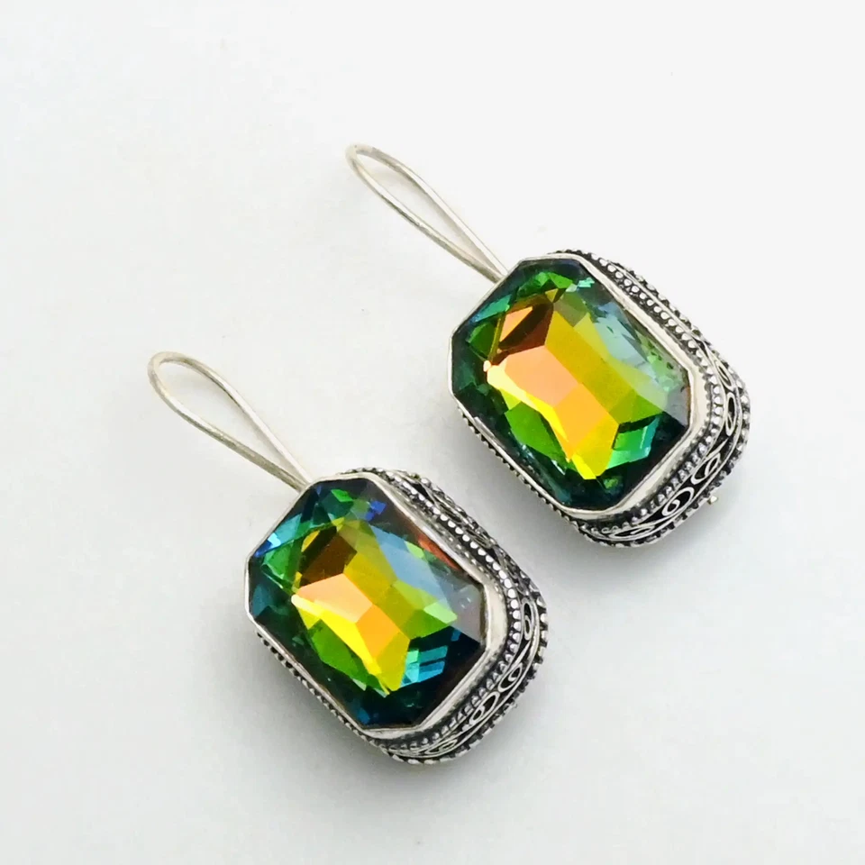 Mystic Topaz Gemstone Drop Dangle Antique Desing Earrings Jewelry 1.8" AE-95658 - Image 1 of 1