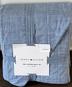 Tommy Hilfiger Classic Texture Solid Blue COTTON Full/Queen Quilt Set - Bild 1 von 2
