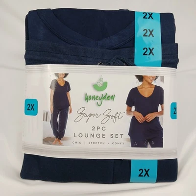 Honeydew女式2X 2件超柔软睡衣休闲套装蓝色慢跑星星月亮 — 第 1/4 张图片