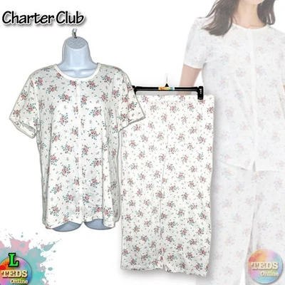 Conjunto de pijama recortado cuello redondo de algodón L para mujer PO Charter Club Foto 1 de 4