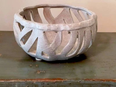 FRONTGATE DECORATIVE BOWL 10" STRIKING CUTOUTS Ceramic Gray Speckled Glaze New - Image 1 of 4
