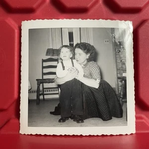 Mother Leaning Down Next To Son 3 1/2 x 3 1/2 Photograph Vintage 1940s - Picture 1 of 3