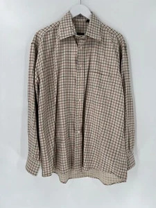 Vintage Burberry Button Down Shirt Mens Large Beige Grid Check Long Sleeve - Picture 1 of 14