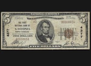 1929 National Banknote $5 Gastonia, NC Ty. 1 Ch. #4377 - Picture 1 of 4
