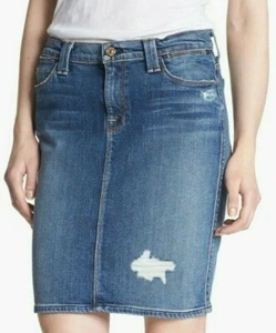 7 For All Mankind Jeans Light Blue Distressed 3 Stretch Denim Pencil Skirt 30 - Picture 1 of 7