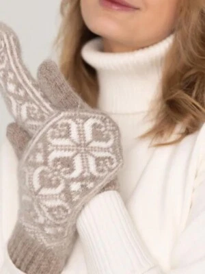 Wool Mittens Fair Isle Style Mittens Traditional Nordic Warm Mitts, Soft, Beige - Image 1 of 4
