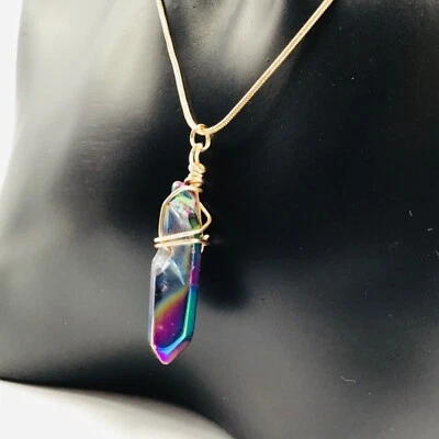 Necklace Quartz Crystal Pendant Titanium Rainbow Coated Wire Wrap Gold Tone 20” - Image 1 of 4