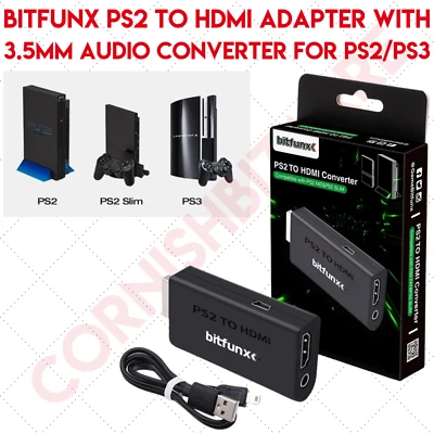 ADAPTADOR BITFUNX PS2 A HDMI CON AUDIO DE 3,5 MM - CONVERTIDOR DE VIDEO PARA PS2/PS3 - UK