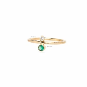  Natural Emerald Gemstone &Diamond Stack Ring14k Yellow Gold Women Gift Jewelry  - Picture 1 of 2