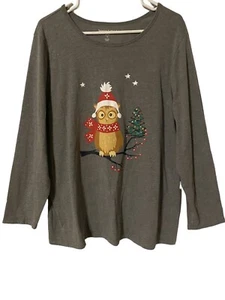 Woman Within Christmas Owl Long Sleeve Top Gray Blouse Size 1X 22/24 Shirt - Picture 1 of 12