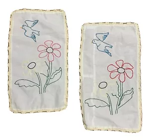 Doilie Set Hand Embroidered Lace Bird Floral 2 Handmade Mats Homemade 12" x 7" - Picture 1 of 12