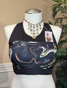 Crane NWT! Black Abstract Print Cross Strap Soft-Cup Athletic Sports Bra Sz XL - Picture 1 of 15