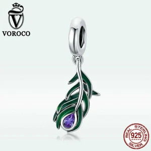 Voroco European .925 Sterling Silver charm CZ Peacock Feather Bead For Bracelet - Picture 1 of 12